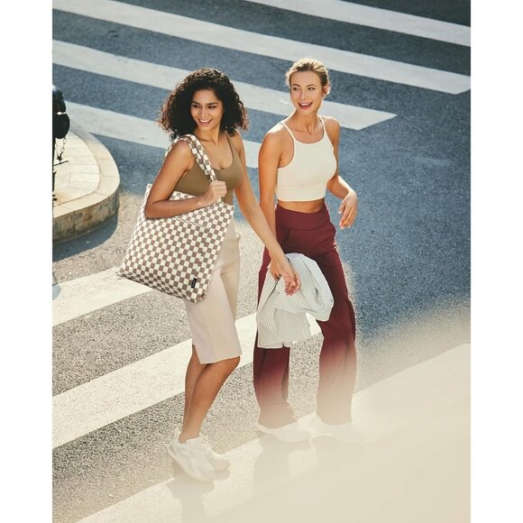 Women CheckeredBrown Corduroy Shoulder Tote Shopping Bag with Zipper and Pockets - Picture 6 of 6